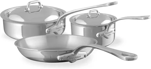 Mauviel M'Cook - Juego de utensilios de cocina de acero inoxidable pulido de 5 capas con asas de acero inoxidable fundido, fabricado en Francia