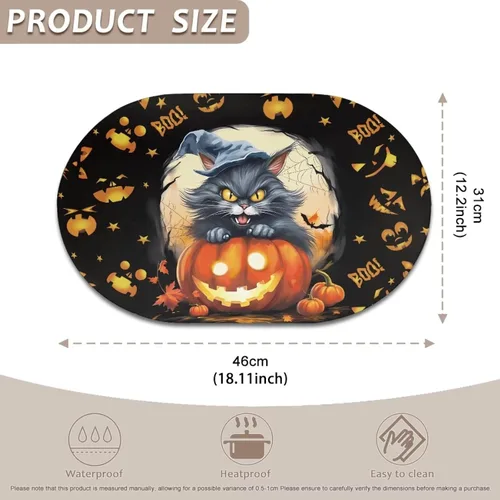 Miniatura 3 de Pumpkin Placemats Oval Placemats Set of 2 Black Cat Table Mats for Dining Tables Washable Heat Resistant Place Mats for Holiday Party Use 12X18 Inch