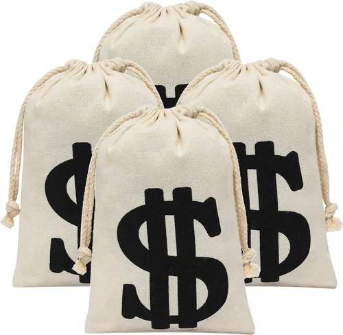 Paquete de 4 bolsas de lona natural para dinero con cierre de cordón para recuerdos de fiesta, 6.3 x 9 pulgadas, letrero de dólar para ladrones de