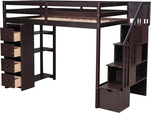 Miniatura 5 de Quarte Cama tipo loft única con cajones de almacenamiento y escaleras, cama alta de madera tamaño individual con estantes y barandillas, para niños