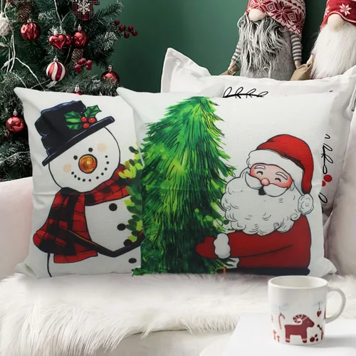 Miniatura 5 de PSDWETS Juego de 4 fundas de almohada de Navidad de 18 x 18 pulgadas, decoración de Navidad, muñeco de nieve, corona de Papá Noel, árbol de Navidad