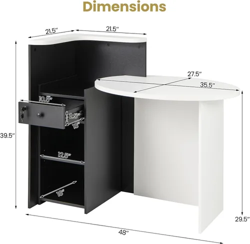 Miniatura 3 de Giantex Escritorio de recepción, mostrador delantero con cajón con cerradura, mesa de pago con mesa redonda, estante de esquina y estante ajustable