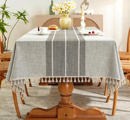 Miniatura 8 de Pahajim Mantel Rectangular a Rayas con Borlas, Mantel Grueso de Lino y Algodón para Picnic al Aire Libre, Comedor y Decoración de Cocina de Fiestas