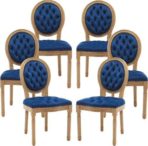 Miniatura 44 de Juego de 4 sillas de comedor francesas vintage, con respaldo redondo, tapizadas, de piel sintética, con ribete de cabeza de clavo y marco de madera