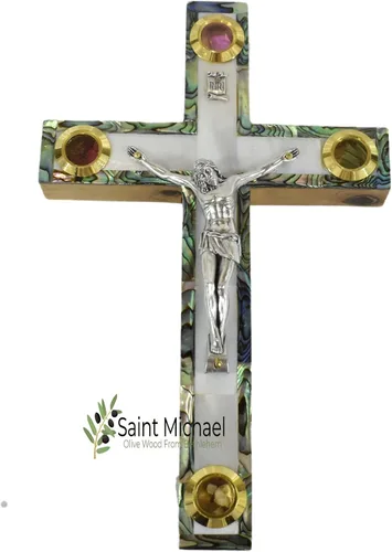 Miniatura 2 de Crucifijo de pared de cruz de madera de olivo cubierto con nácar con 4 reliquias sagradas, cruz de perla, crucifijo colgante de pared hecho