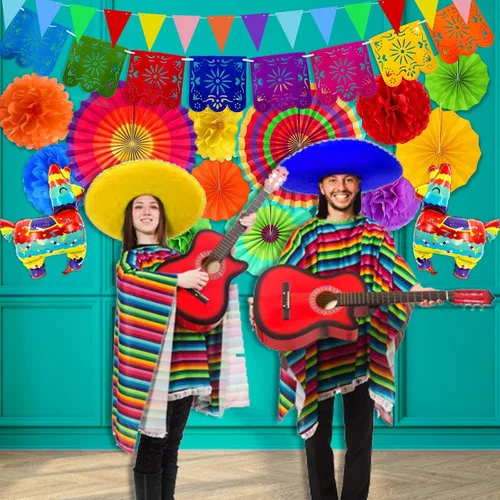 Miniatura 5 de 7 variedades – 33 piezas de decoraciones de fiesta del Cinco de Mayo, suministros de fiesta mexicana, abanicos de papel, pompones, cubierta de mesa
