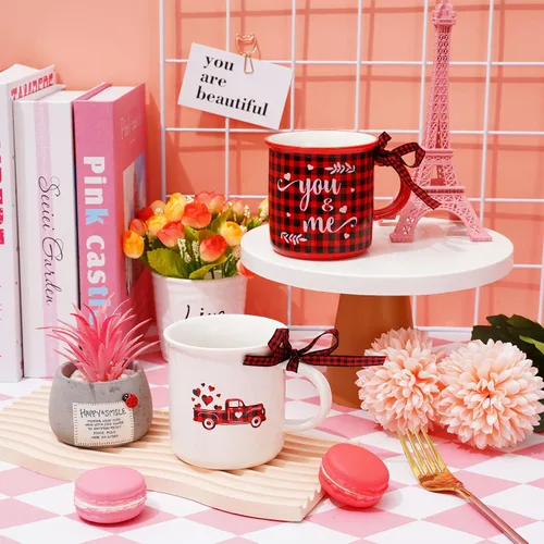 Miniatura 5 de Whaline 6 tazas de café de Navidad con cinta, color rojo y negro, a cuadros, camión, reno, árbol de Navidad, bandeja escalonada, decoración