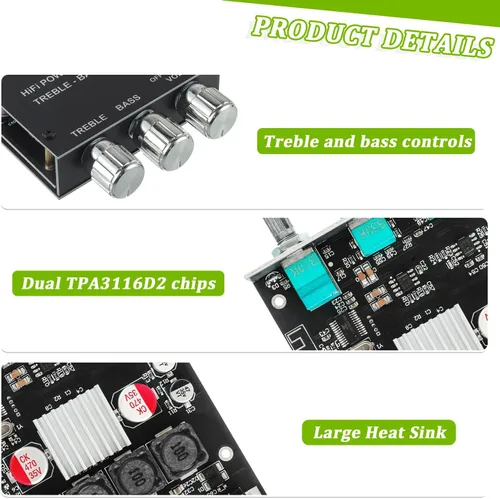 Miniatura 2 de Placa de amplificador Bluetooth de 50W+50W con control de agudos y graves, chips TPA3116D2, DC 9-24V, entradas BT y AUX, amplificador estéreo de 2.0