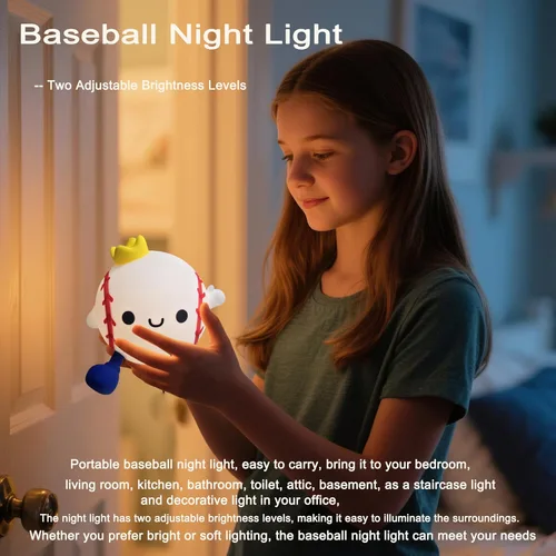 Miniatura 6 de DREAMING MY DREAM Luz de noche de béisbol, linda lámpara LED novedosa de silicona esponjosa, lámpara táctil con 2 niveles de atenuación