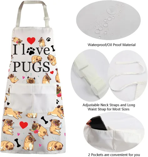 Miniatura 5 de Delantales para perros de pug, regalos para amantes de los pug, delantal de cocina con bolsillos, delantal de cocina I Love Pugs, regalos