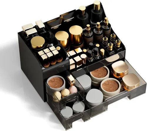 Miniatura 4 de Organizador de maquillaje grande para tocador, organizador de encimera con cajones y soporte para cepillos, organizador de colonia para hombre