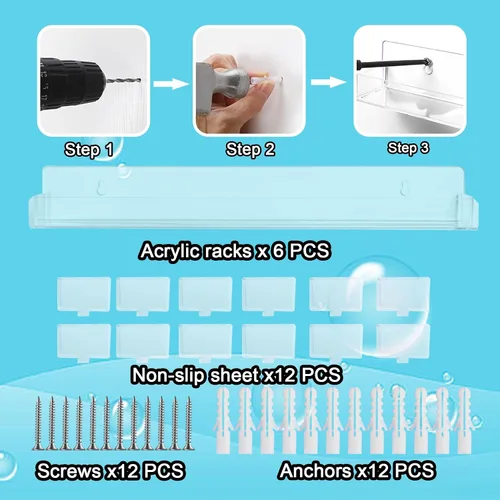 Miniatura 5 de Paquete de 6 estantes de esmalte de uñas, estante organizador montado en la pared con inserciones de extremo antideslizantes extraíbles, soporte