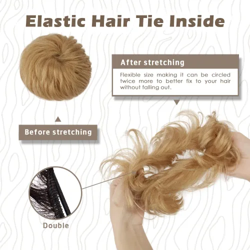 Miniatura 3 de BARSDAR Extensión de moño 100% humano – Cabello humano real rubio desordenado moño coletero para mujer – Extensiones elásticas onduladas