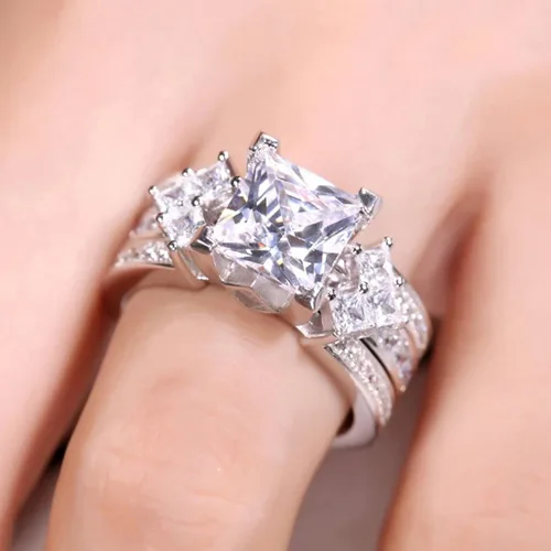 Miniatura 3 de Jeulia - Juego de anillos de novia de 4.1 quilates para mujer, anillos de compromiso de corte princesa, anillos intercambiables de boda de plata