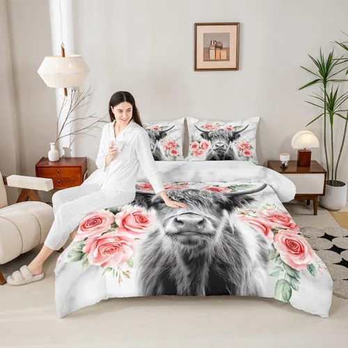 Miniatura 4 de Erosebridal - Juego de funda de edredón con flores de vaca de las Highlands, tamaño Queen, diseño de toro, juego de ropa de cama de ganado vacuno