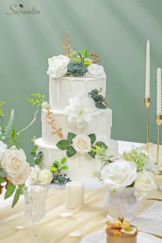 Miniatura 6 de Serwalin 2 Piezas Flores Artificiales Blancas Rosas Falsas Flores de Espuma de Seda Juego de Caja para Manualidades DIY Ramos de Pastel de Boda Un