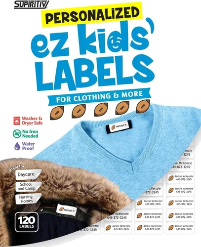 Miniatura 6 de 120 etiquetas de nombre impermeables personalizadas, icono de bola, autoadhesivas, para ropa, escuela, campamento, enfermería, juguetes, multiusos