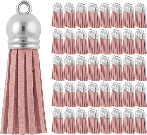 Miniatura 59 de Mandala Crafts 100 borlas de gamuza sintética color aguamarina con tapa dorada, suministros para hacer llaveros a granel, pequeñas borlas de cuero