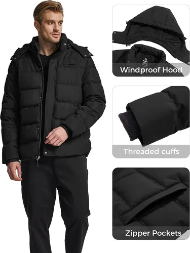 Miniatura 6 de Wantdo Abrigo de invierno con capucha para hombre, abrigo de algodón grueso con capucha extraíble