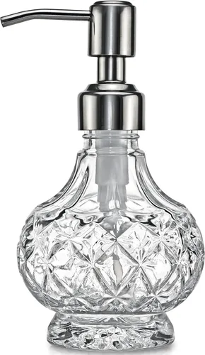 JASAI Dispensador de jabón pequeño de vidrio transparente, dispensador de jabón de baño con bomba Strudy para cocina pequeña y baño, jabón de cocina