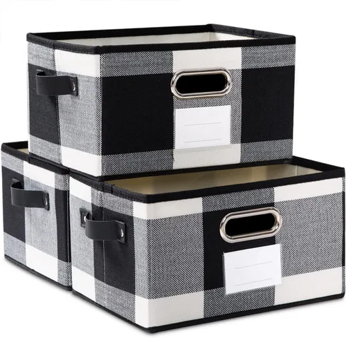 Miniatura 10 de PRANDOM Contenedores de almacenamiento plegables más grandes para clóset [5 unidades] cestas decorativas de tela de lino con asas de cuero y metal