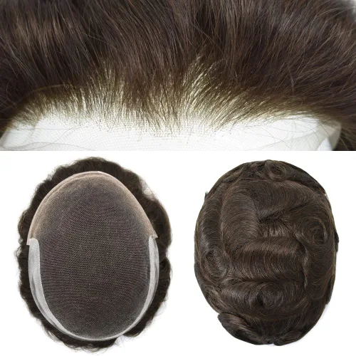 Miniatura 27 de Tupé para hombre Remy pieza de cabello humano para hombres encaje tupé para hombres nudo blanqueado sistema de reemplazo de cabello para hombre