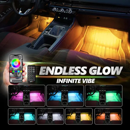 Miniatura 7 de OPT7 Aura Pro 4 piezas Tiras de luz LED dobles para interior de auto con APP y control remoto, modo multicolor, kit de iluminación de acento de neón
