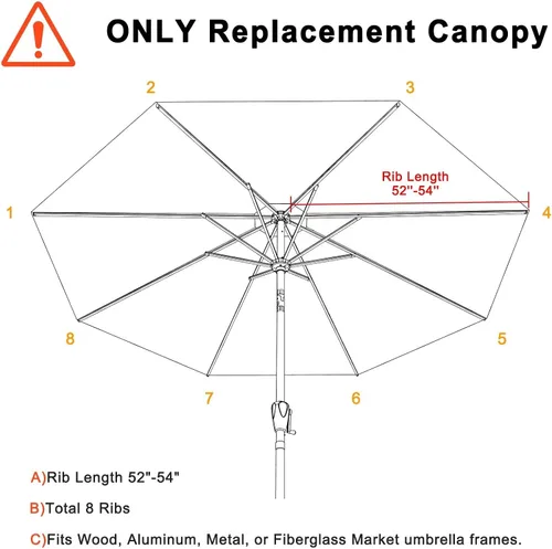 Miniatura 2 de ABCCANOPY - Sombrilla de repuesto para exteriores de 9 pies, apta para patio, con 8 varillas, color caqui