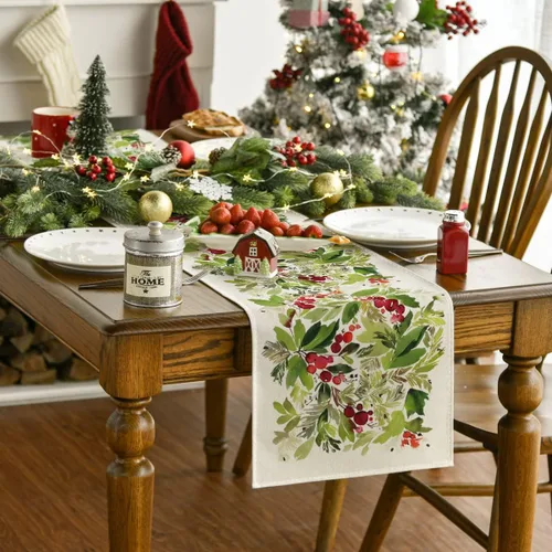 Miniatura 2 de Artoid Mode Camino de Mesa Navideño de Acebo en Acuarela, Decoración de Mesa de Cocina y Comedor de Temporada Navideña de Invierno para Interiores