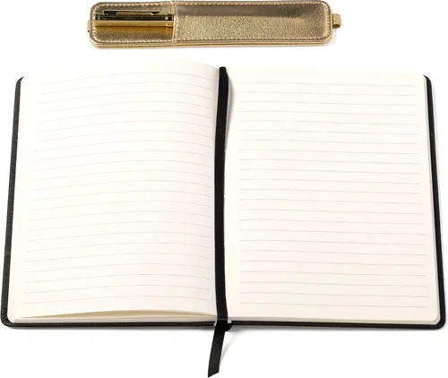 Miniatura 7 de WORLD TRAVELER Eccolo - Diario mediano con bolígrafo, cuaderno A5 de tapa dura negro y dorado con 256 páginas marfil, soporte para bolígrafo