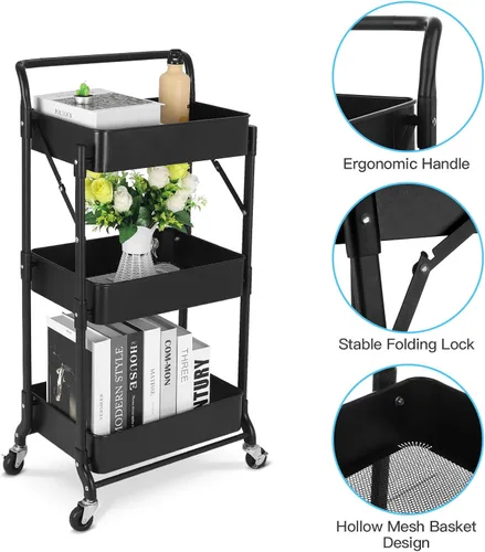 Miniatura 4 de Carrito plegable de metal de 3 niveles, carrito organizador plegable de almacenamiento multifunción para oficina en casa y biblioteca (negro)