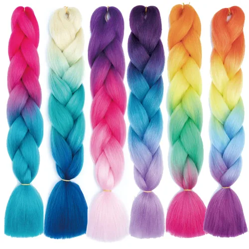 Miniatura 90 de Xiaofeng Extensiones de cabello trenzado coloridas Ombre de 61 cm, 3 unidades, trenzas Jumbo de alta temperatura para trenzas en zigzag y trenzas