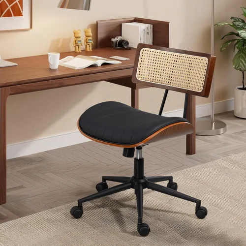 Miniatura 7 de Silla de oficina para el hogar Newnno con ruedas, silla de escritorio de altura ajustable con respaldo de ratán, silla de ordenador giratoria