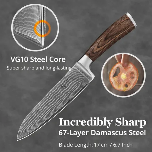 Miniatura 8 de Wakoli EDIB Cuchillo Santoku de Damasco – Cuchillo de cocina de estilo japonés de 6.7 pulgadas, hoja de acero de Damasco de 67 capas con núcleo 1
