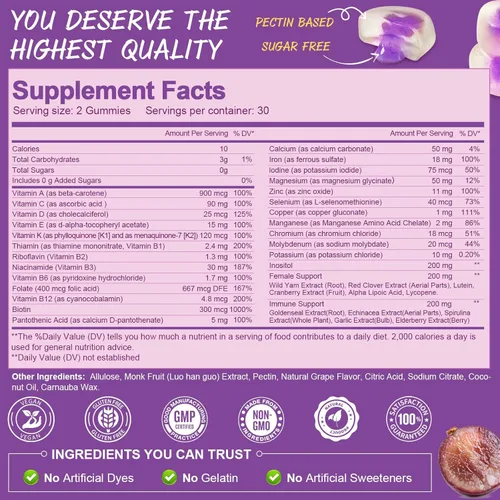 Miniatura 3 de Totaria (2 piezas) Gomitas multivitamínicas sin azúcar para mujeres de 14+ con inositol, hierro, ácido fólico, biotina, gomitas multivitamínicas
