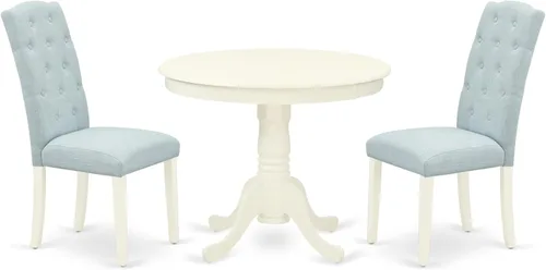 East West Furniture ANCE3-LWH-15 - Juego de mesa de comedor moderno de 3 piezas que contiene una mesa de cocina redonda con pedestal y 2 sillas de