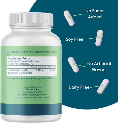 Miniatura 3 de BESTVITE Vitamina B-1 100 mg (240 cápsulas vegetarianas) - Sin estearatos - Sin fosfato dicálcico - Vegano - Sin OMG - Sin gluten