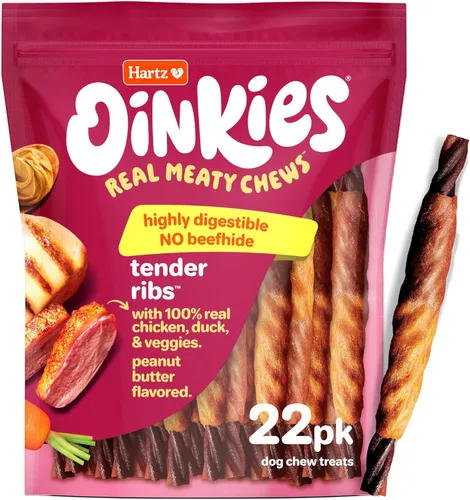 Hartz Oinkies Costillas Tiernas con Pollo Real, Pato y Verduras, Golosinas para Perros Sabor a Mantequilla de Maní Sin Cuero Crudo, Masticables para