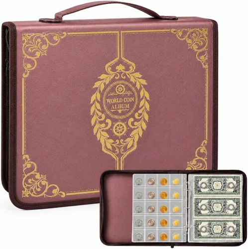 Miniatura 13 de ANKHOH Soporte para libros de colección de monedas con cremallera para coleccionistas, 200 bolsillos para monedas y 30 fundas para billetes, de piel
