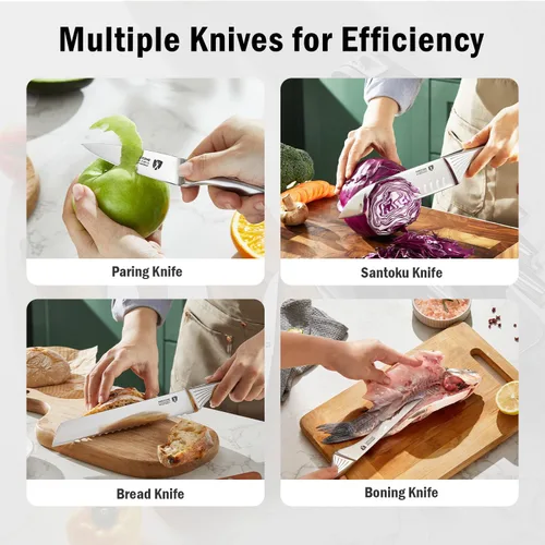 Miniatura 4 de KINGSTONE Juego de cuchillos de cocina con bloque, juego de 14 cuchillos de acero inoxidable alemán con afilador integrado, juego de bloques de Nogal