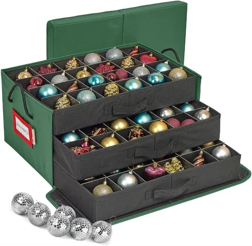 Miniatura 12 de Caja con divisores para guardar hasta 72 adornos navideños de 3 pulgadas de forma práctica, cubos grandes de tela de alta calidad con 3 bandejas Gris