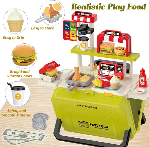 Miniatura 3 de Juguetes divertidos para niños, juego portátil de comida rápida para niños de 3 a 8 años, juguete realista de cocina al aire libre con 55 piezas