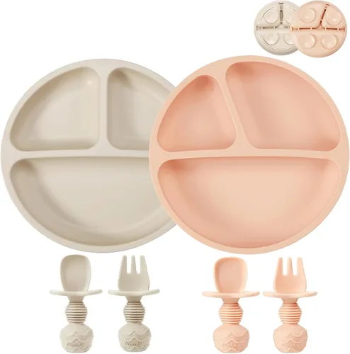 PandaEar Paquete de 2 placas de succión divididas de silicona con 2 cucharas, 2 tenedores para bebés y niños pequeños, suministros de destete para