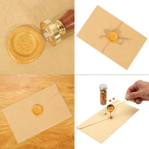 Miniatura 6 de Yoption - Sello de cera con diseño de letra S, cabeza de latón floral vintage, mango de madera, sello inicial del alfabeto, para invitación