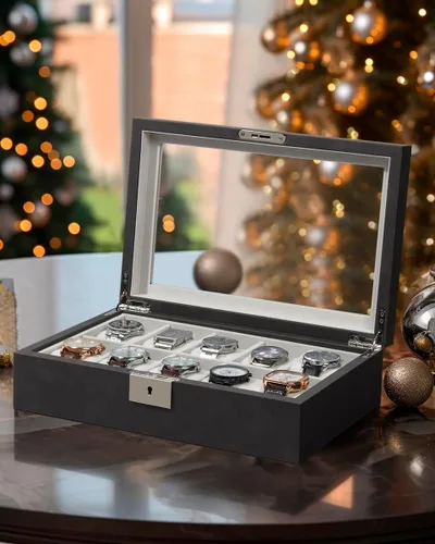 Miniatura 2 de GUKA Caja de 10 ranuras para reloj, vitrina organizadora de cristal real, con estuche de lujo para hombres y mujeres, regalo
