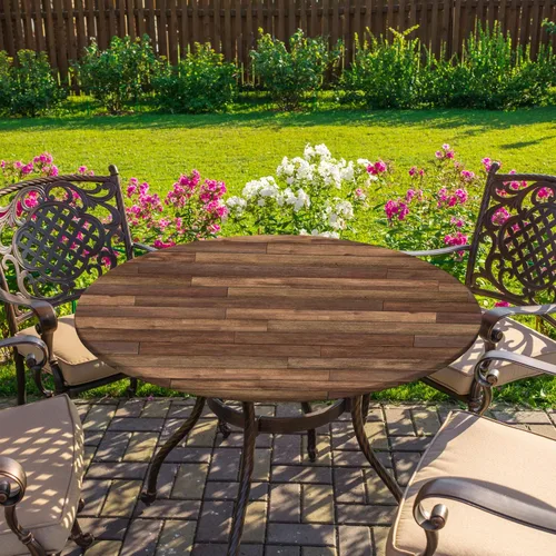 Miniatura 7 de Mantel redondo de granja ajustable con borde elástico, mantel de madera marrón para exteriores, funda impermeable para mesa, decoración para picnic