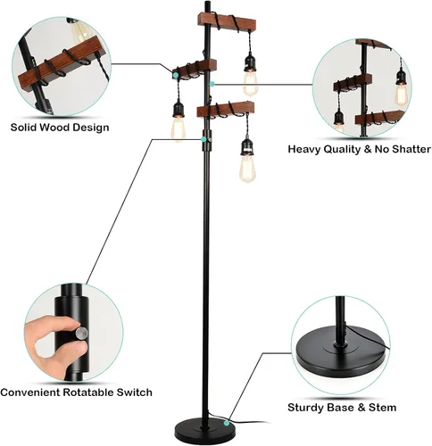 Miniatura 4 de Lámpara de pie industrial, estilo árbol de granja de 68 pulgadas, 3 luces, lámpara de pie de madera, poste alto de metal vintage negro resistente