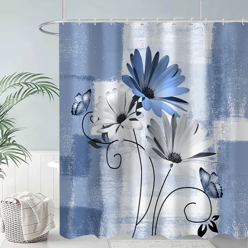Miniatura 2 de Cortina de ducha rústica de granja con margaritas azules, flores florales de mariposa, primavera, pintura al óleo, cortinas de baño, tela