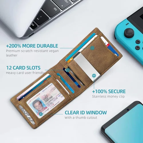Miniatura 68 de Zitahli - Billetera delgada con 12 ranuras para tarjetas, ventana de identificación con clip para dinero, bolsillo frontal RFID plegable, pequeña