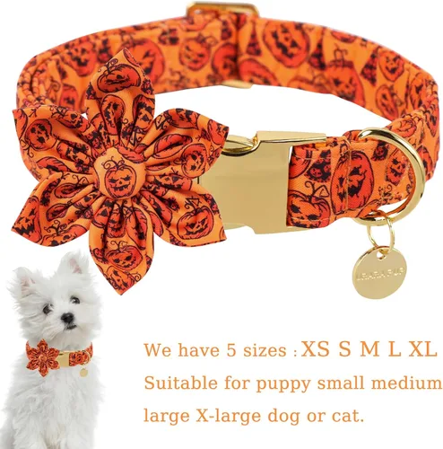 Miniatura 2 de Collar XL para cachorros de Halloween con flores de algodón, hebilla de metal duradera, 16-26 pulgadas